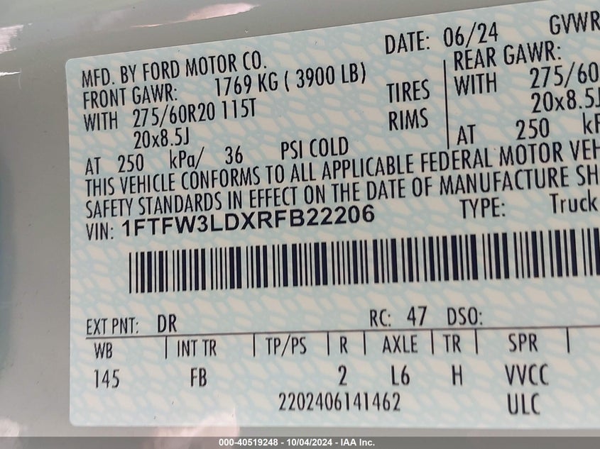 VIN 1FTFW3LDXRFB22206 2024 FORD F-150 XLT