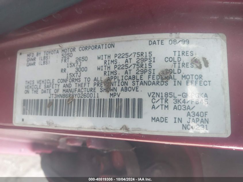 JT3HN86R8Y0260011 2000 Toyota 4Runner Sr5 V6