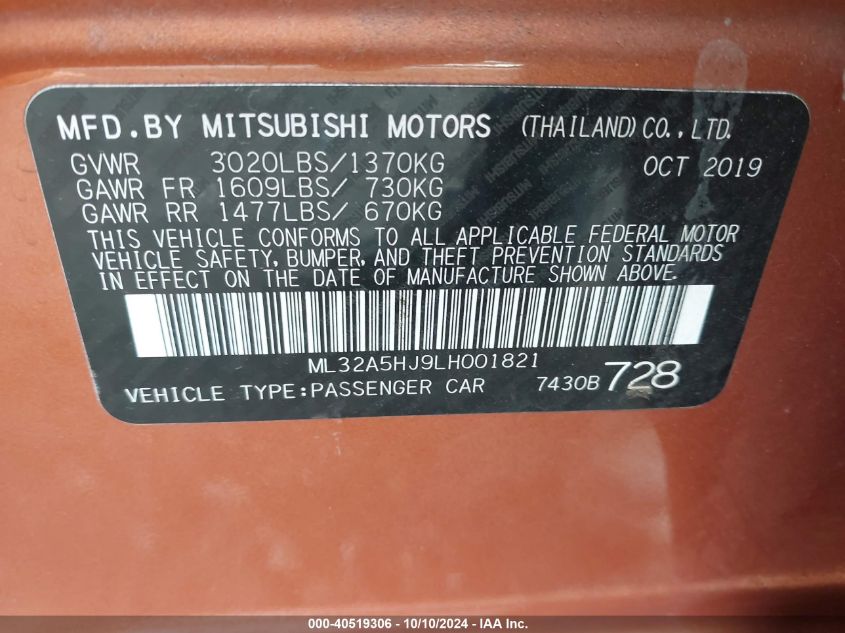 2020 Mitsubishi Mirage Gt/Le VIN: ML32A5HJ9LH001821 Lot: 40519306