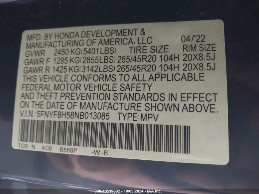 2022 Honda Passport Awd Ex-L VIN: 5FNYF8H58NB013085 Lot: 40519332