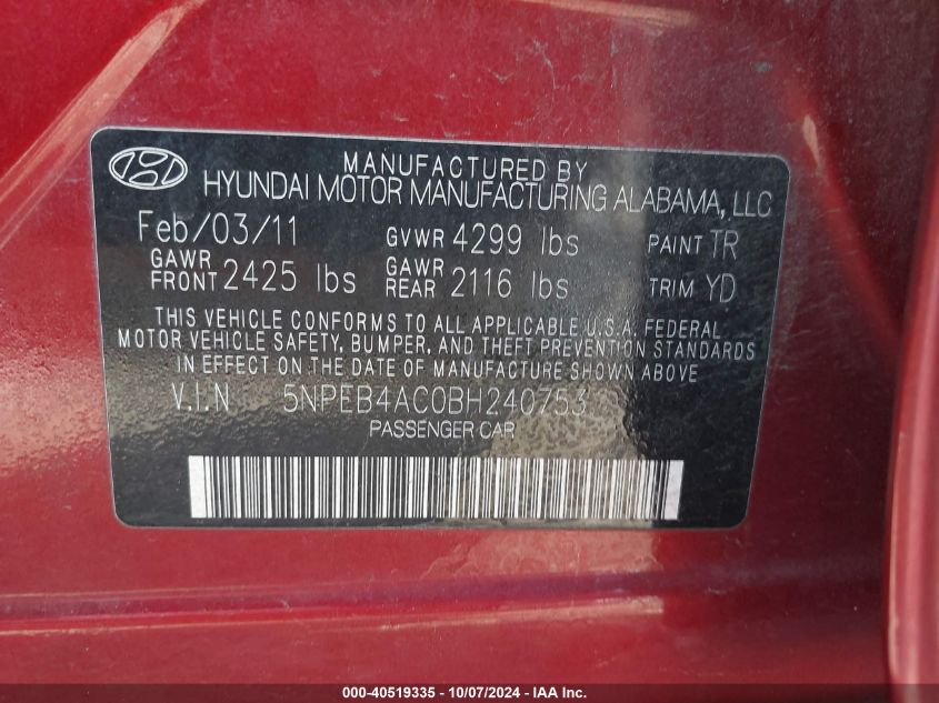 5NPEB4AC0BH240753 2011 Hyundai Sonata Gls