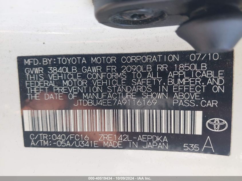 JTDBU4EE7A9116169 2010 Toyota Corolla Le