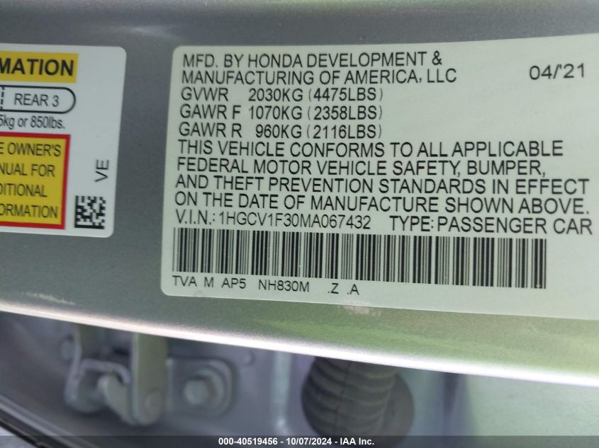 1HGCV1F30MA067432 2021 Honda Accord Sport