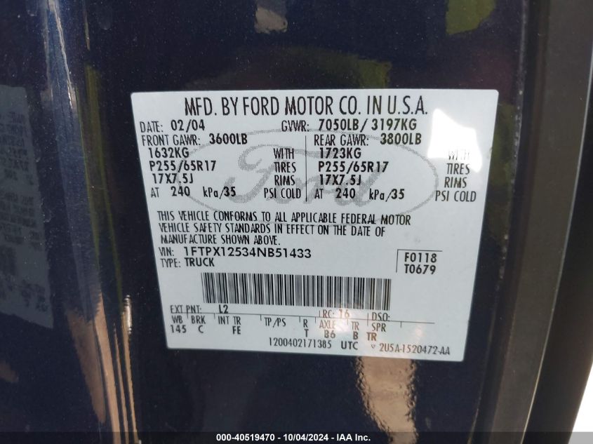 2004 Ford F-150 Lariat/Xl/Xlt VIN: 1FTPX12534NB51433 Lot: 40519470