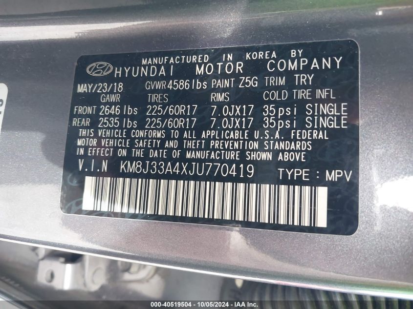 KM8J33A4XJU770419 2018 Hyundai Tucson Sel Plus