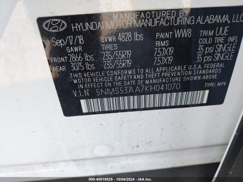 5NMS53AA7KH041070 2019 Hyundai Santa Fe Ultimate 2.0T