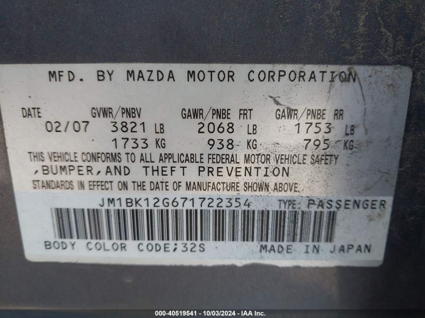 JM1BK12G671722354 2007 Mazda Mazda3 I Sport