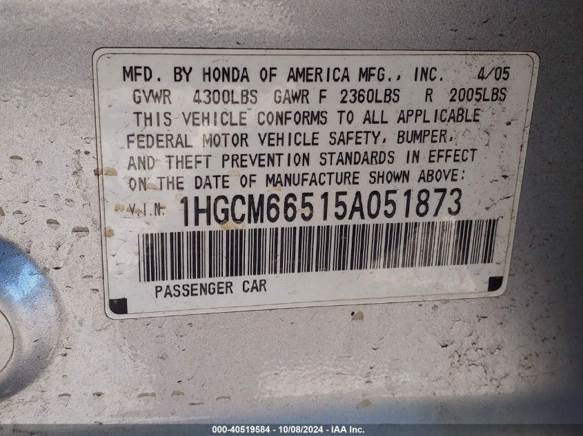 1HGCM66515A051873 2005 Honda Accord 3.0 Ex