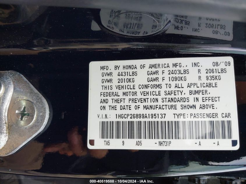 2009 Honda Accord 2.4 Ex-L VIN: 1HGCP26899A195137 Lot: 40519588