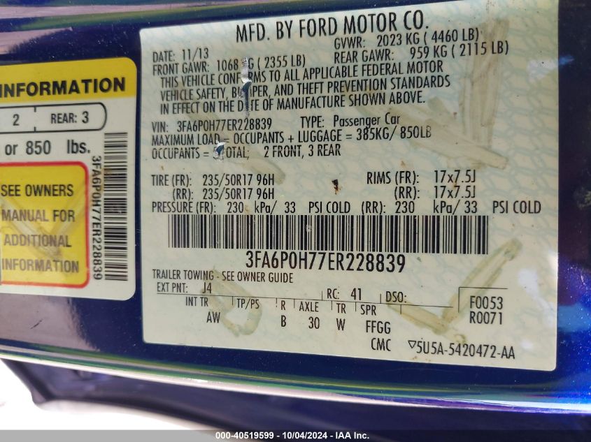 2014 FORD FUSION SE - 3FA6P0H77ER228839