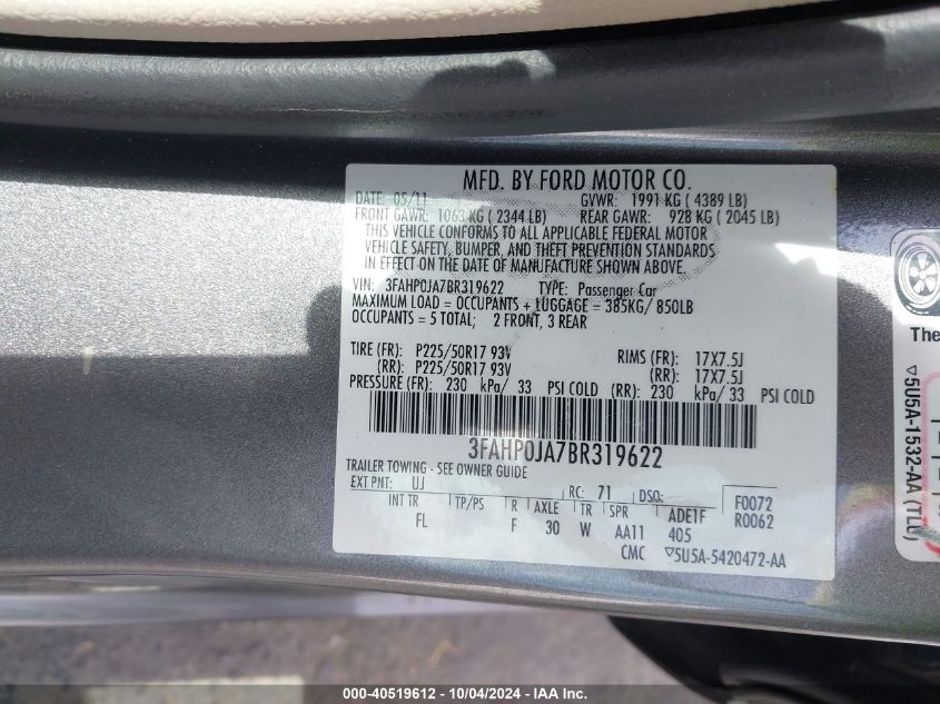 3FAHP0JA7BR319622 2011 Ford Fusion Sel