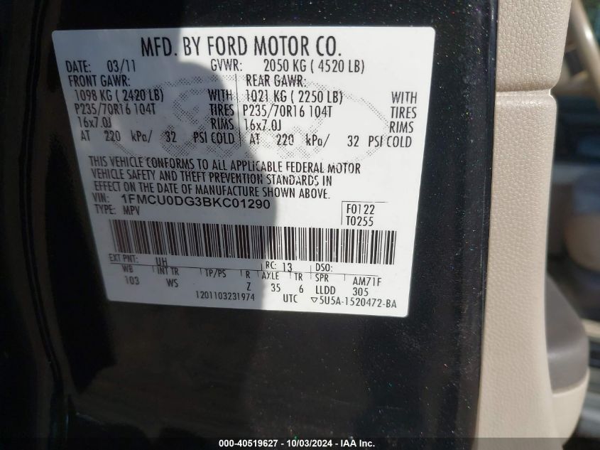 1FMCU0DG3BKC01290 2011 Ford Escape Xlt