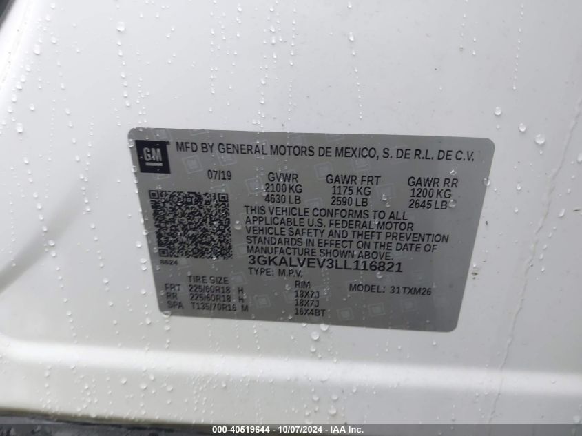 2020 GMC Terrain Slt VIN: 3GKALVEV3LL116821 Lot: 40519644