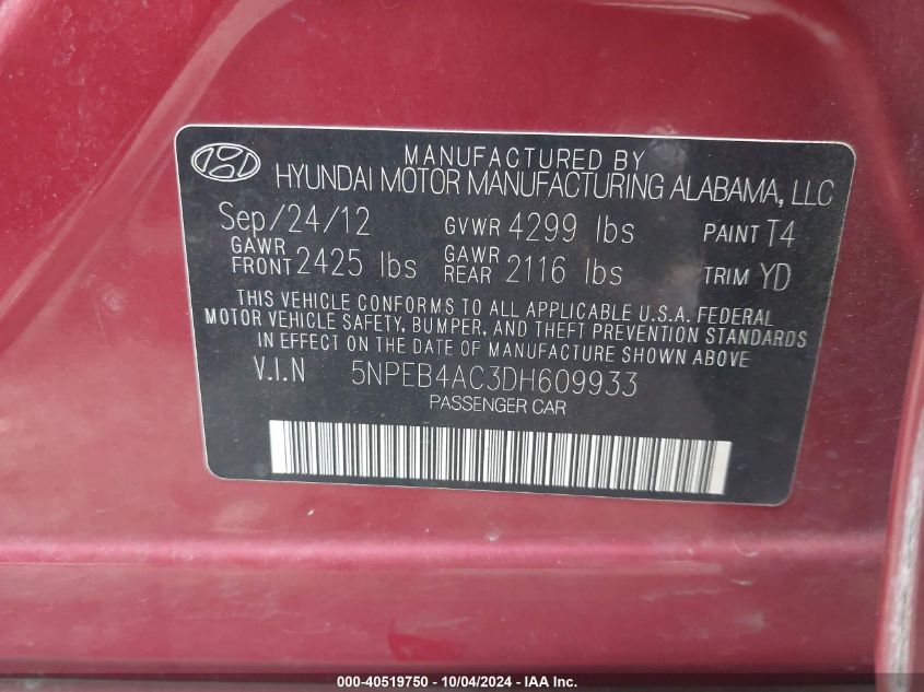 5NPEB4AC3DH609933 2013 Hyundai Sonata Gls