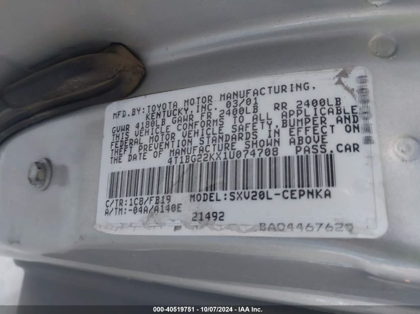 4T1BG22KX1U074708 2001 Toyota Camry Ce/Le/Xle