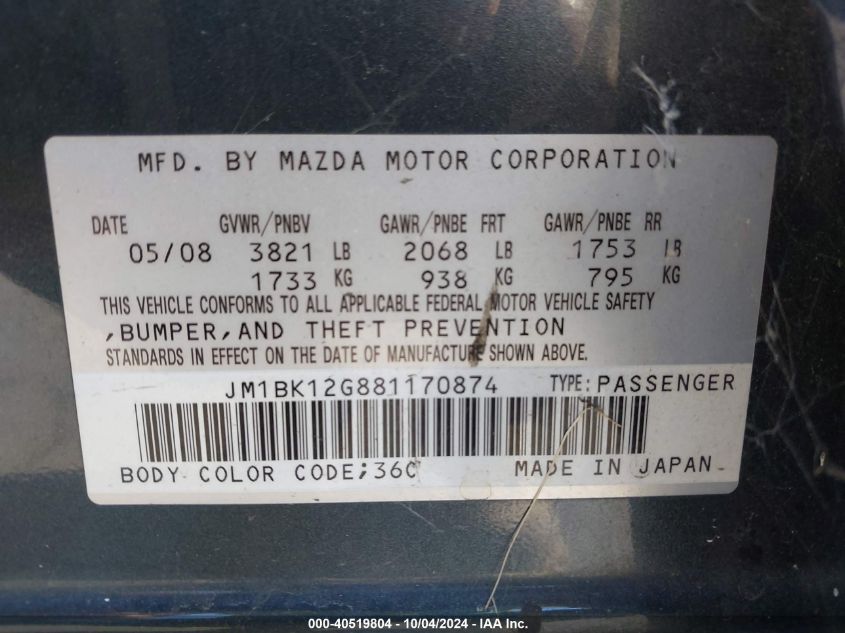 JM1BK12G881170874 2008 Mazda Mazda3 I Sport