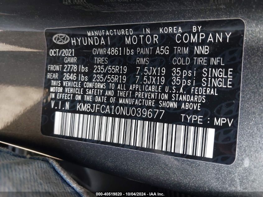 KM8JFCA10NU039677 2022 Hyundai Tucson Hybrid Sel Convenience