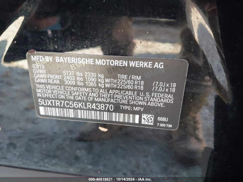 VIN 5UXTR7C56KLR43870 2019 BMW X3, Sdrive30I no.9