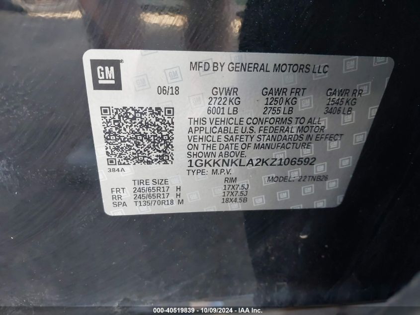 1GKKNKLA2KZ106592 2019 GMC Acadia Sle-1