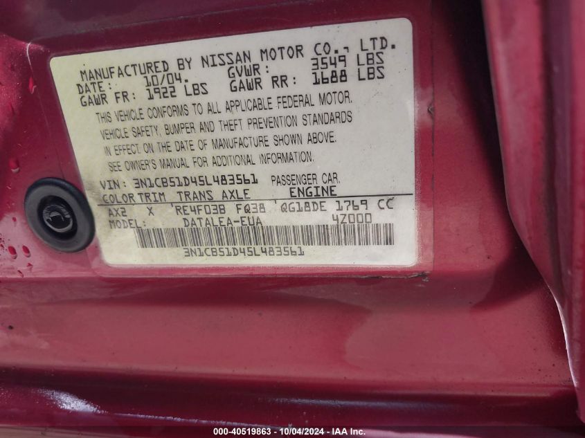 3N1CB51D45L483561 2005 Nissan Sentra 1.8S