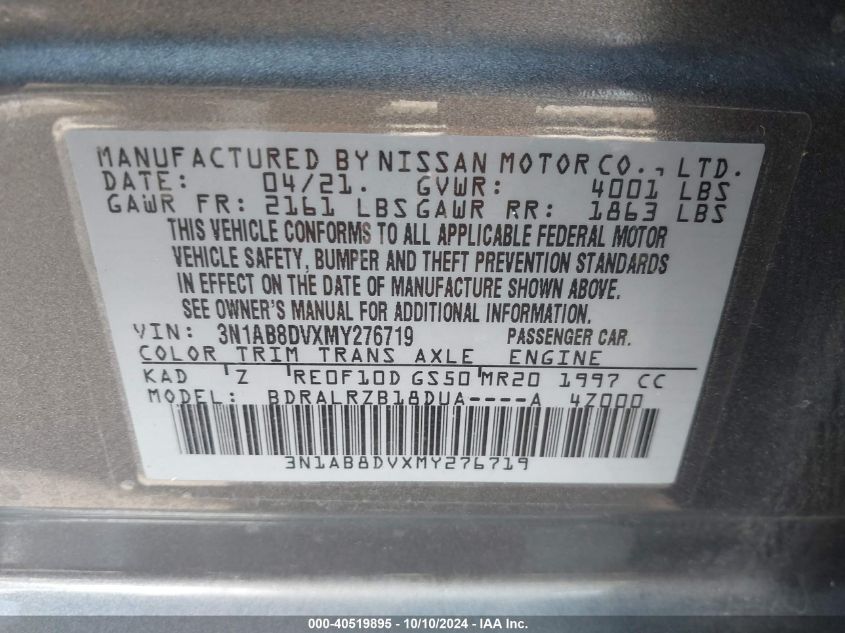 2021 Nissan Sentra Sr Xtronic Cvt VIN: 3N1AB8DVXMY276719 Lot: 40519895