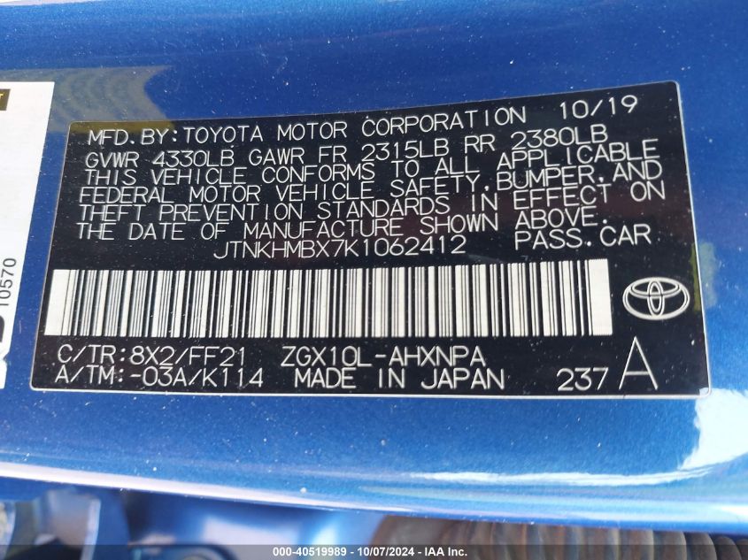 JTNKHMBX7K1062412 2019 Toyota C-Hr Xle