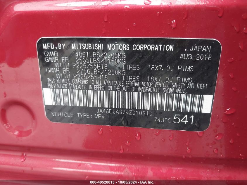 2019 Mitsubishi Outlander Es VIN: JA4AD2A37KZ010210 Lot: 40520013