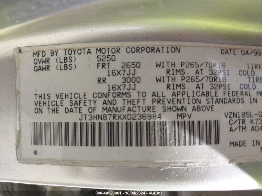 JT3HN87RXX0236984 1999 Toyota 4Runner Limited V6