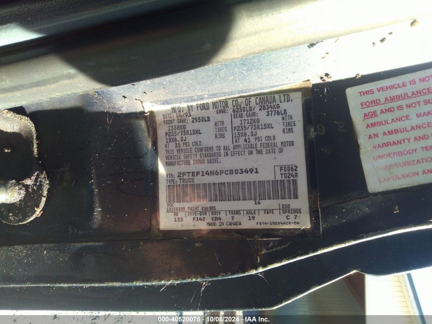 2FTEF14N6PCB03491 1993 Ford F150