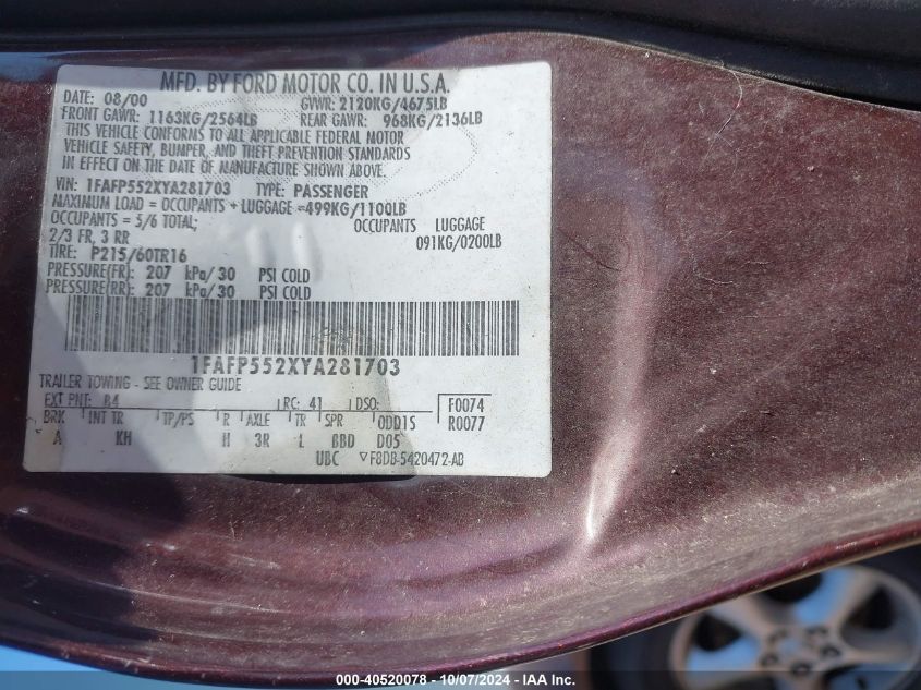 1FAFP552XYA281703 2000 Ford Taurus Ses