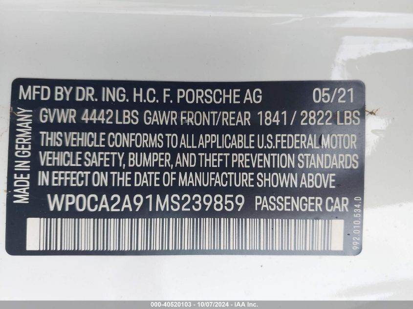 2021 Porsche 911 - WP0CA2A91MS239859