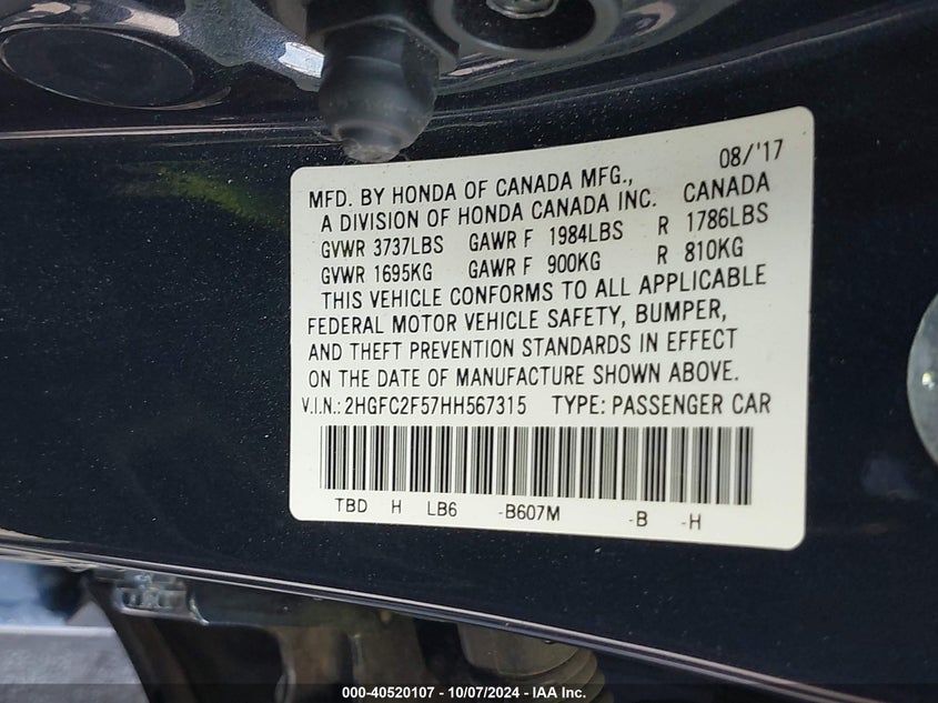 VIN 2HGFC2F57HH567315 2017 HONDA CIVIC LX