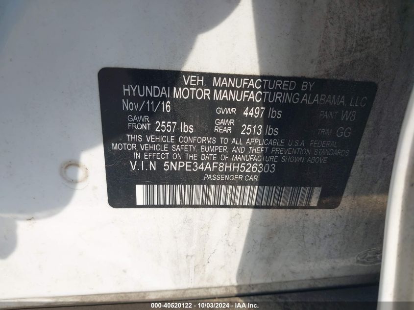 5NPE34AF8HH526303 2017 Hyundai Sonata Limited