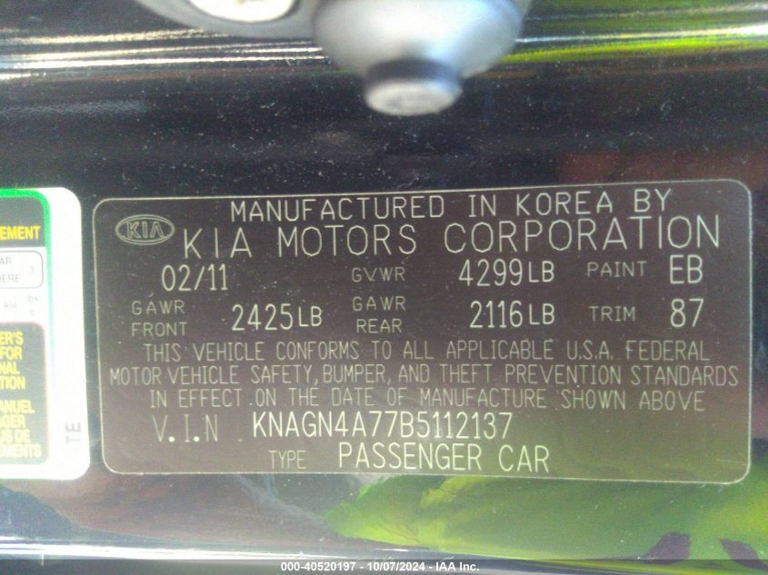 KNAGN4A77B5112137 2011 Kia Optima Ex