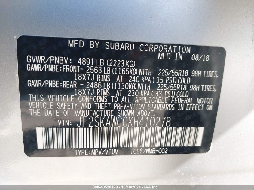 JF2SKAWC0KH410278 2019 Subaru Forester Touring