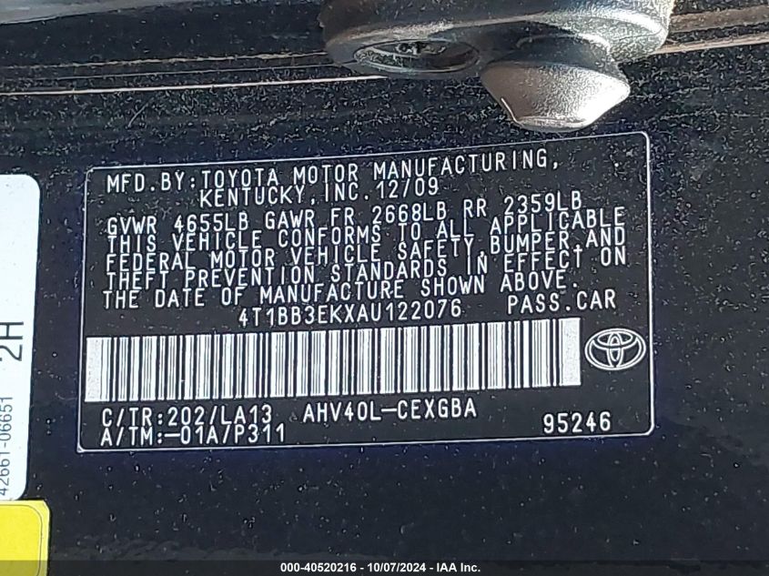 4T1BB3EKXAU122076 2010 Toyota Camry Hybrid