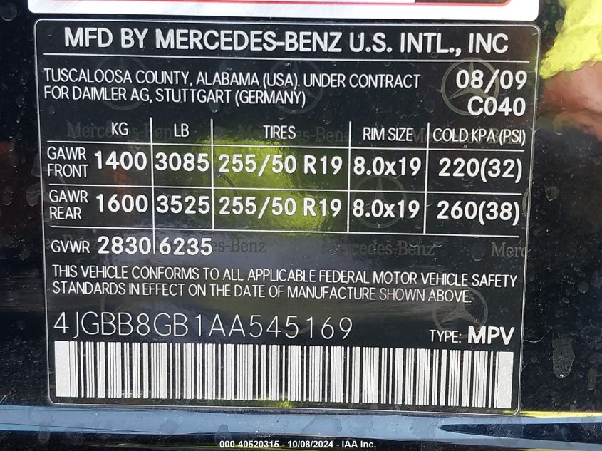 4JGBB8GB1AA545169 2010 Mercedes-Benz Ml 350 4Matic