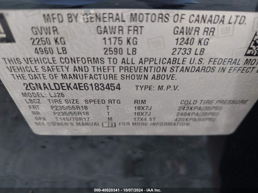 2GNALDEK4E6183454 2014 Chevrolet Equinox Ltz