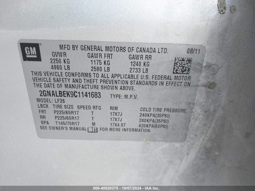 2GNALBEK9C1141683 2012 Chevrolet Equinox Ls