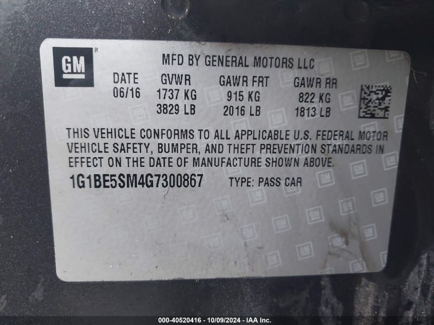 1G1BE5SM4G7300867 2016 Chevrolet Cruze Lt Auto