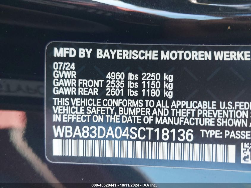 2025 BMW M440I xDrive VIN: WBA83DA04SCT18136 Lot: 40520441