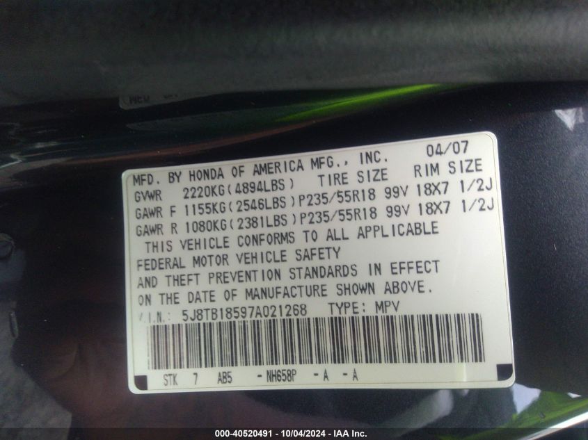 5J8TB18597A021268 2007 Acura Rdx