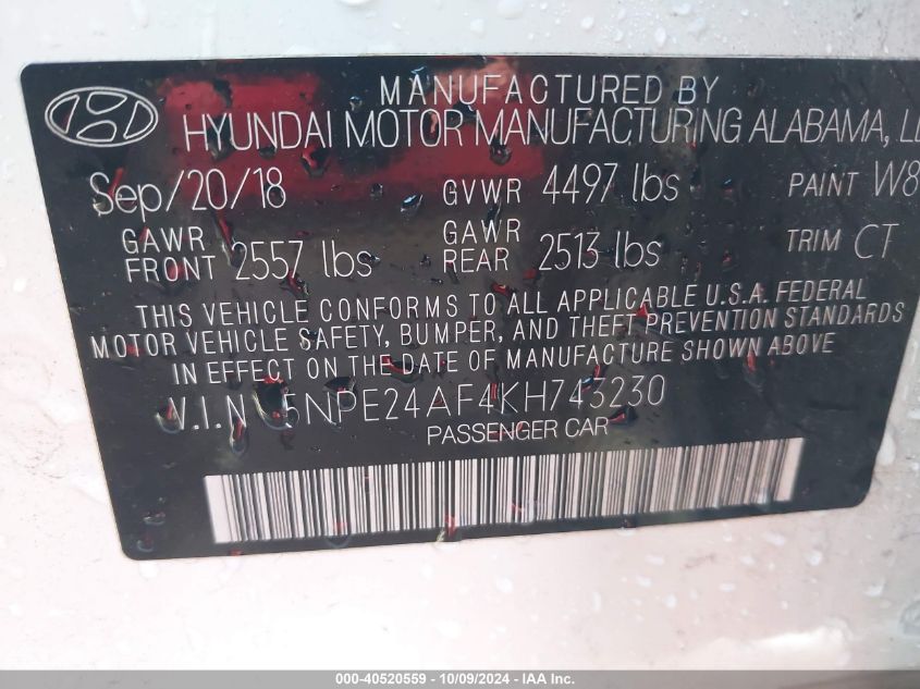 5NPE24AF4KH743230 2019 Hyundai Sonata Se