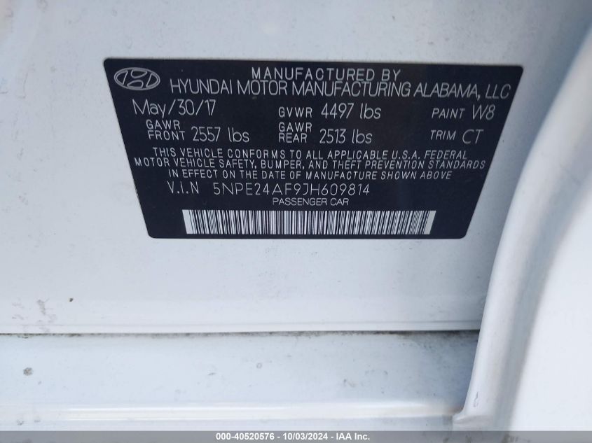 5NPE24AF9JH609814 2018 Hyundai Sonata Se