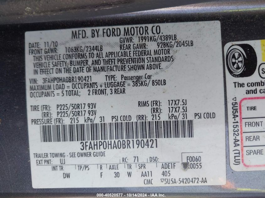 2011 Ford Fusion Se VIN: 3FAHP0HA0BR190421 Lot: 40520577