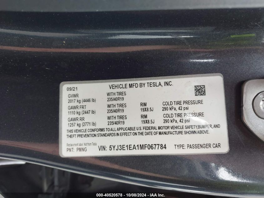 2021 Tesla Model 3 Standard Range Plus Rear-Wheel Drive VIN: 5YJ3E1EA1MF067784 Lot: 40520578