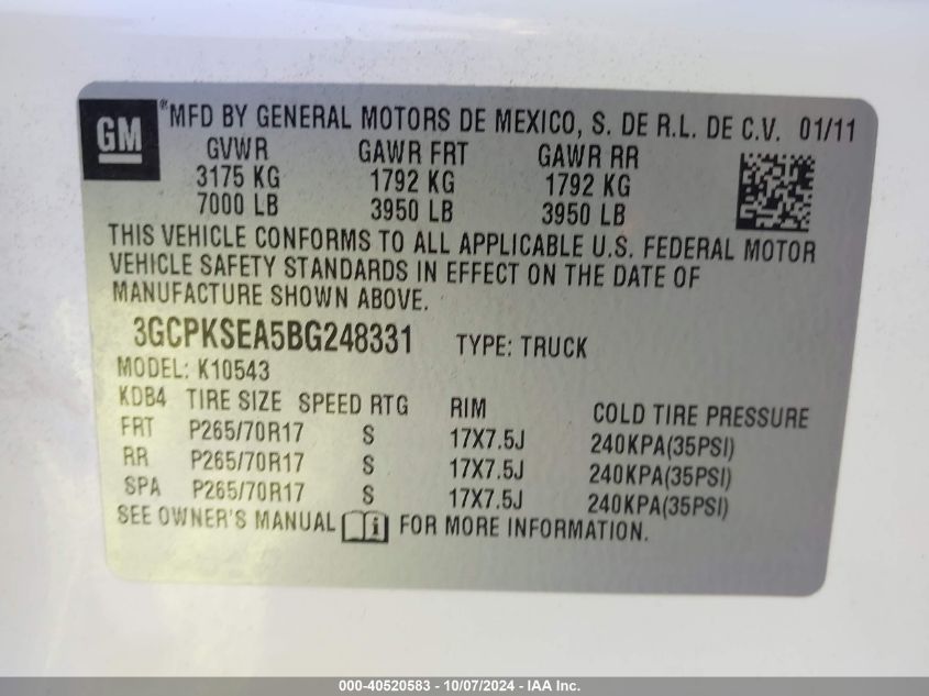 3GCPKSEA5BG248331 2011 Chevrolet Silverado 1500 Lt