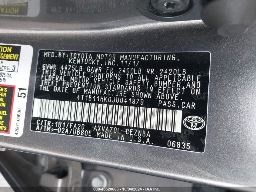 4T1B11HK0JU041879 2018 Toyota Camry Le