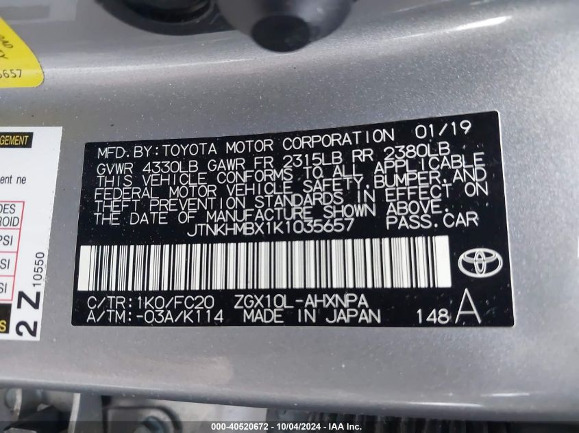 JTNKHMBX1K1035657 2019 Toyota C-Hr Le