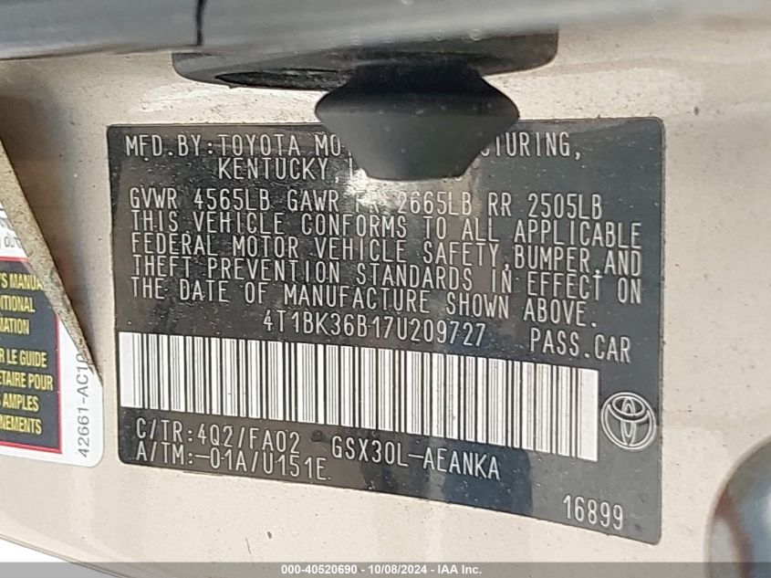 2007 Toyota Avalon Xl VIN: 4T1BK36B17U209727 Lot: 40520690